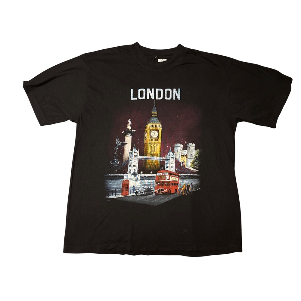 90's Super London England Graphic T-Shirt XXL Black Big Ben Bus Souvenir Tee Vtg